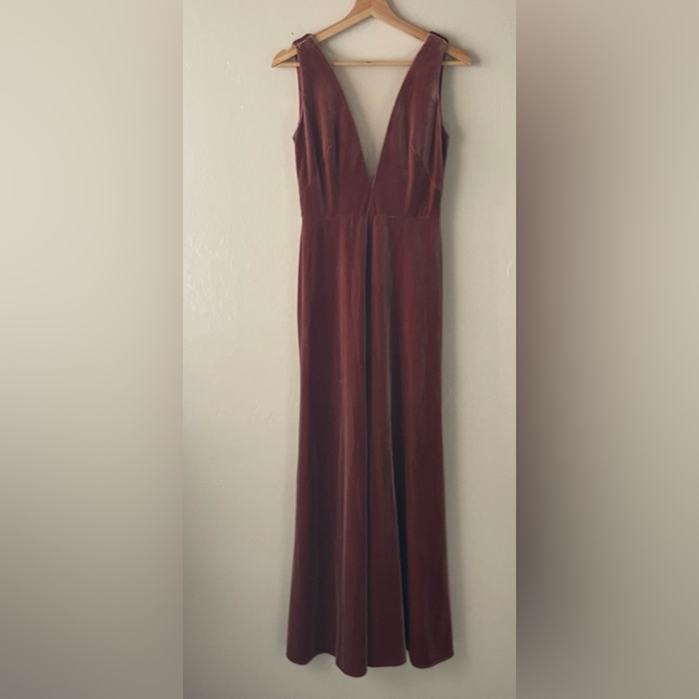 Jenny yoo velvet rust brown plunge neck maxi dress